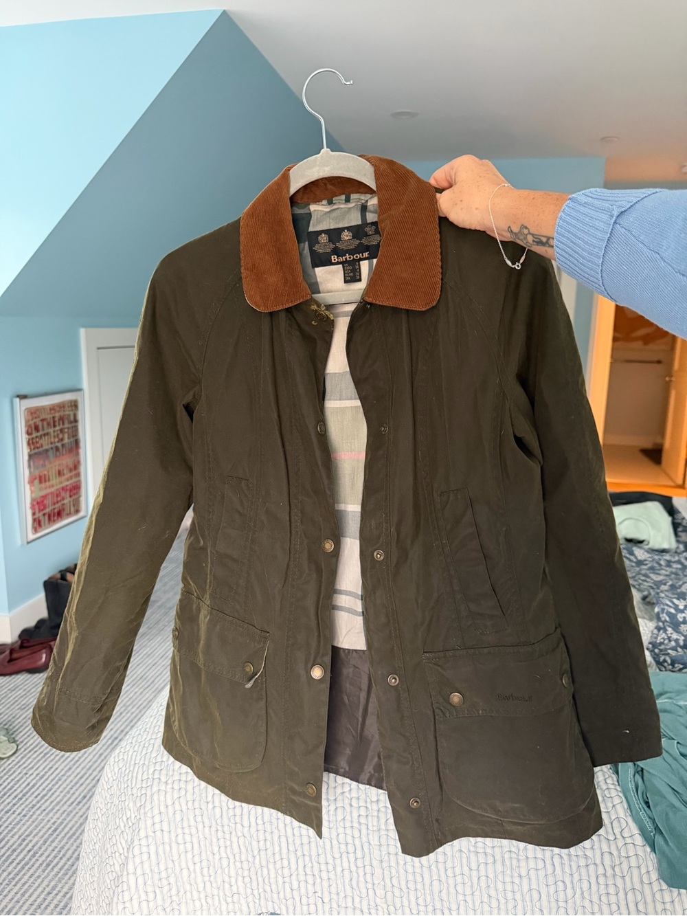 Barbour Olive Green Waxed Utility Jacket with Brown Corduroy Collar - Picture 2 of 4